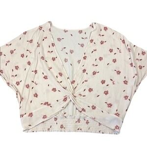 Willow Root Cream Floral Twist Front‎ Smocked Hem Short Sleeve Crop Top XL
